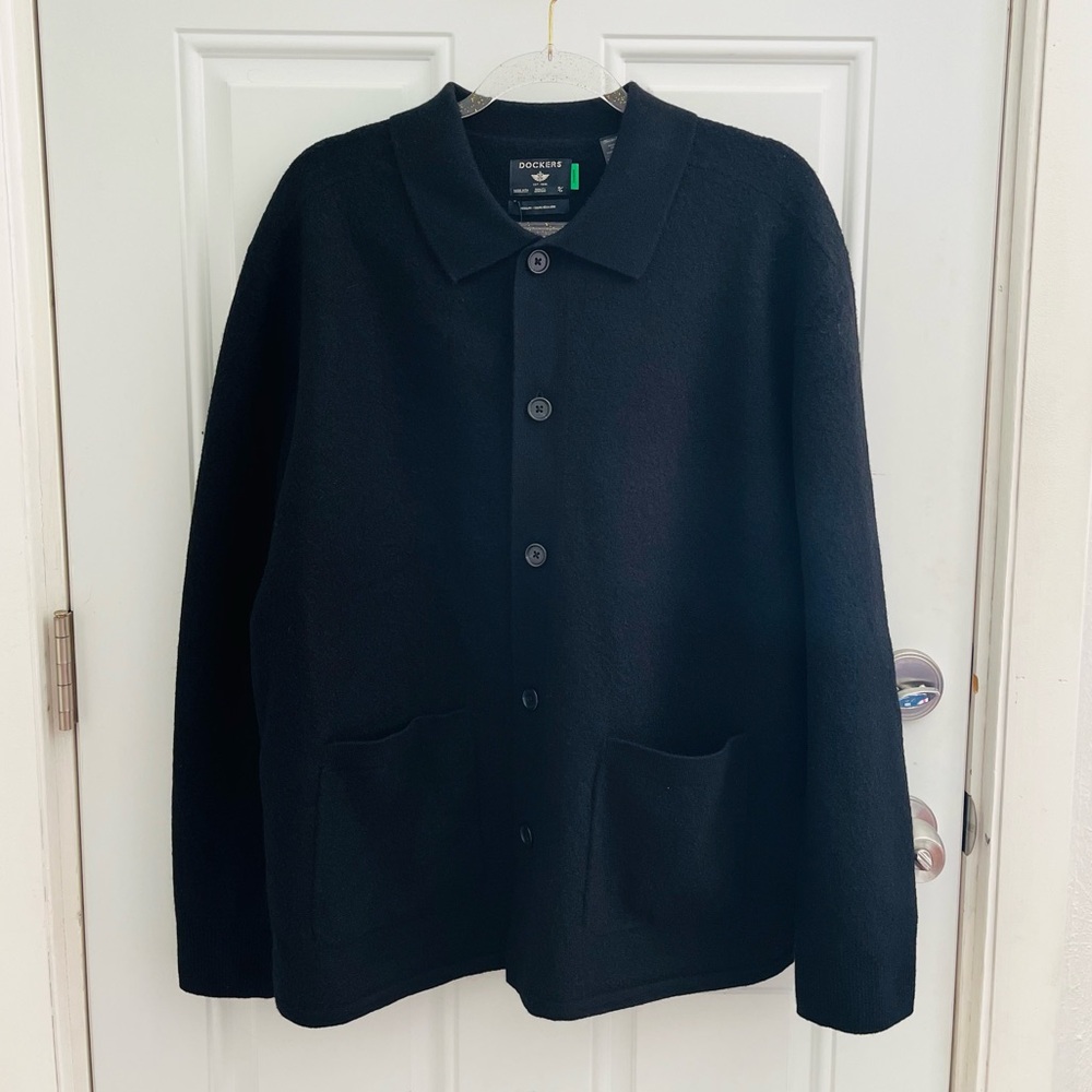 NWT dockers men's black merino wool sweater with buttons sz large